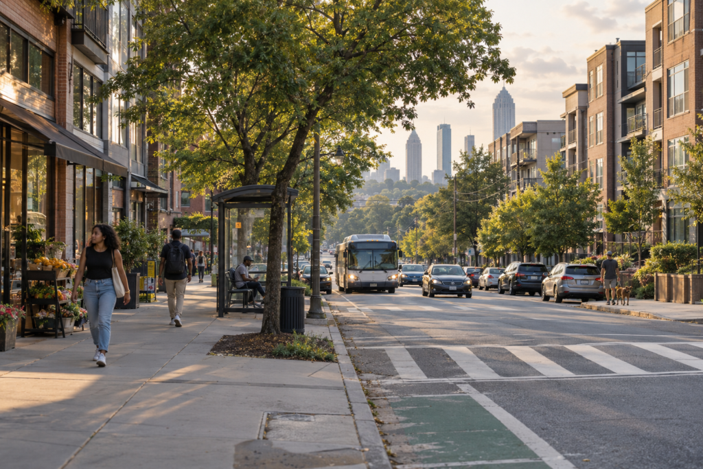 Atlanta neighborhood with apartments, pedestrians, and public transportation access