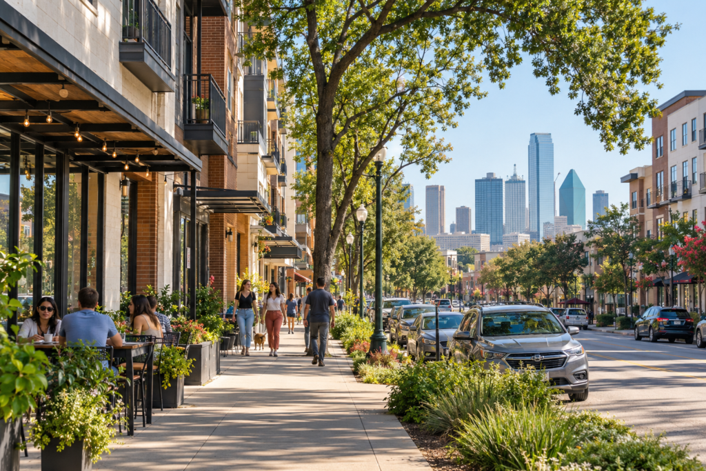 Dallas neighborhood streetscape with apartments and local businesses
