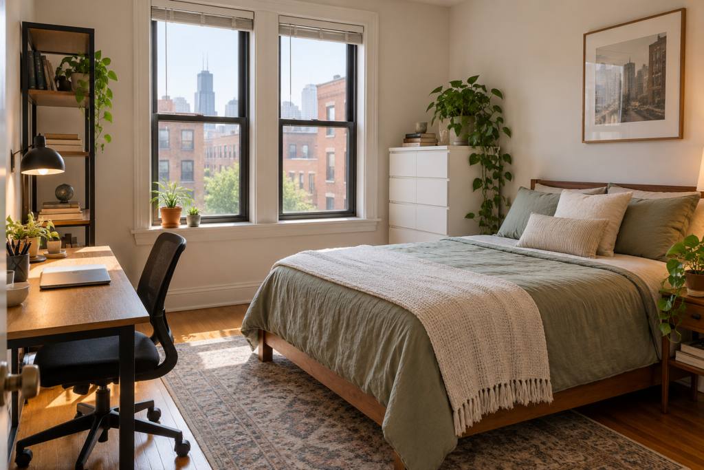 Renter exploring a Chicago neighborhood near elevated transit and residential buildings