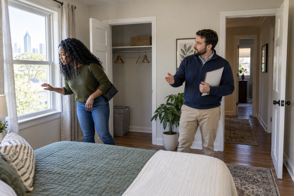 Prospective renter inspecting a bedroom with a property representative