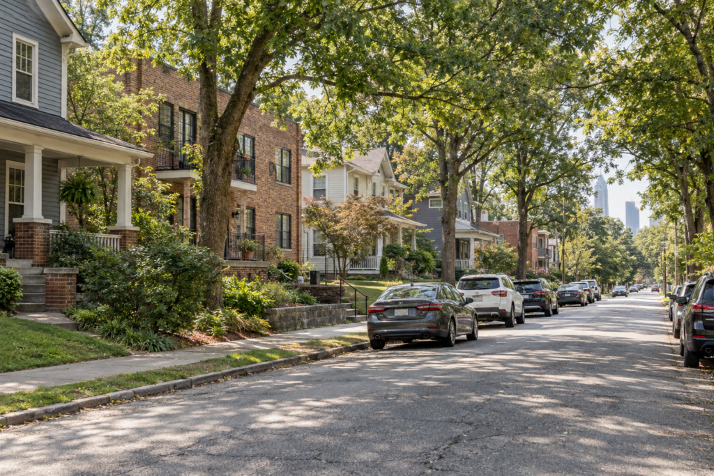 Residential Atlanta street with apartments, duplexes, and trees