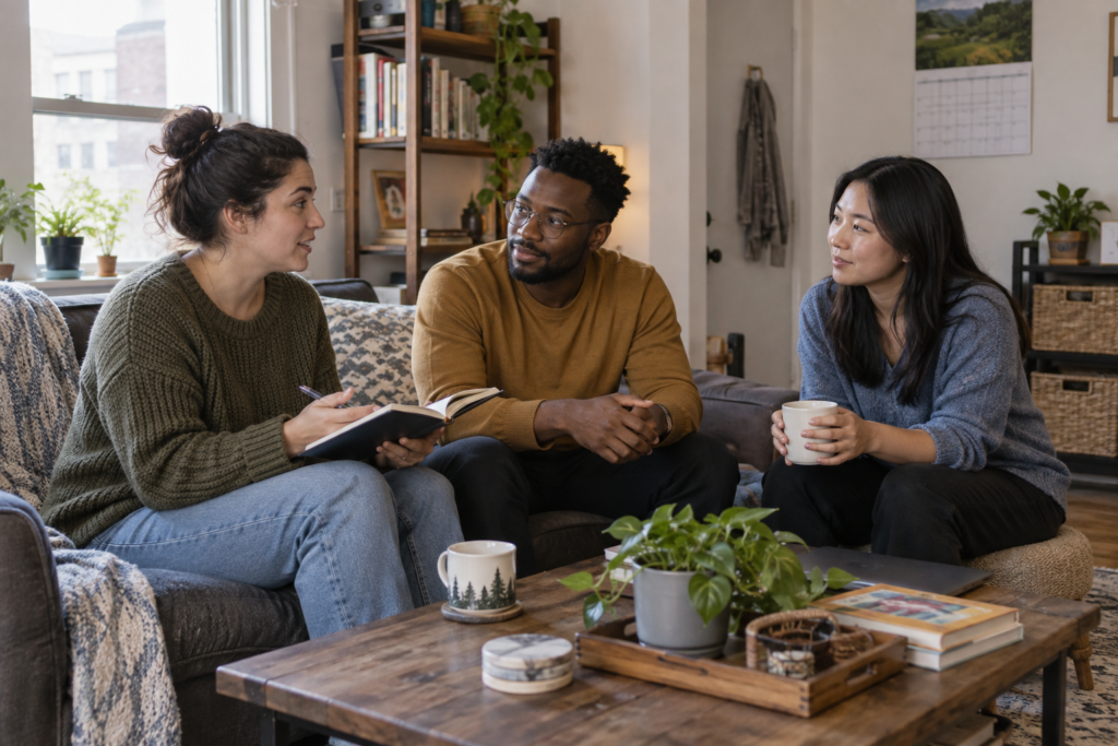 Three roommates discussing household expectations in a shared living room