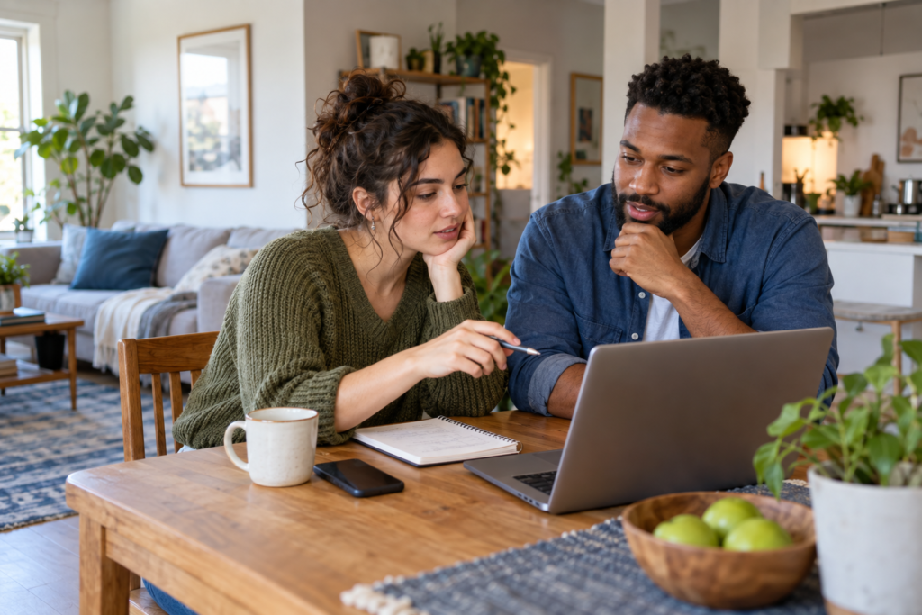 Two potential roommates comparing shared-housing options on a laptop