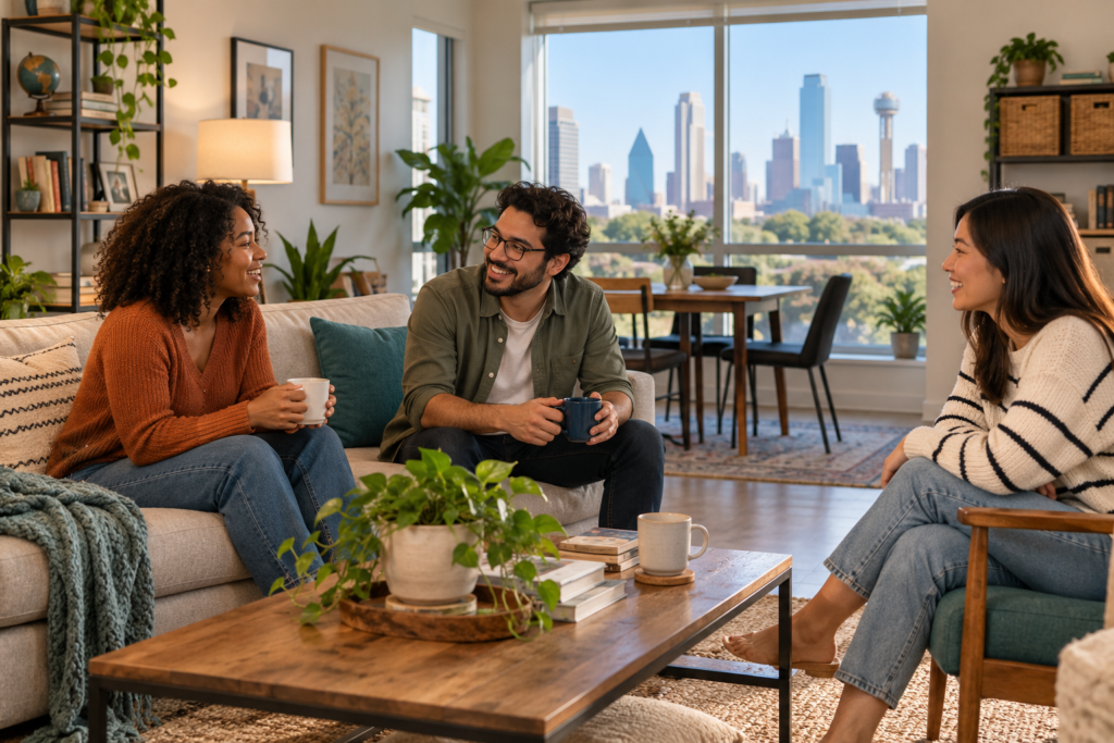 Three roommates talking in a shared Dallas apartment
