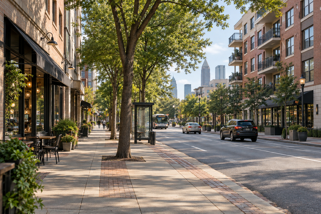 Urban Atlanta neighborhood with apartments and local businesses